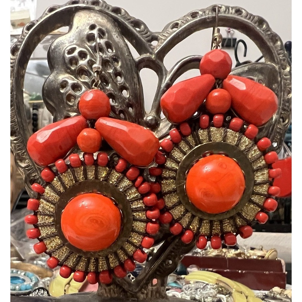 Vintage Coral‎ Orange ART GLASS & SPETIAL METAL WORK  Dangle Earrings